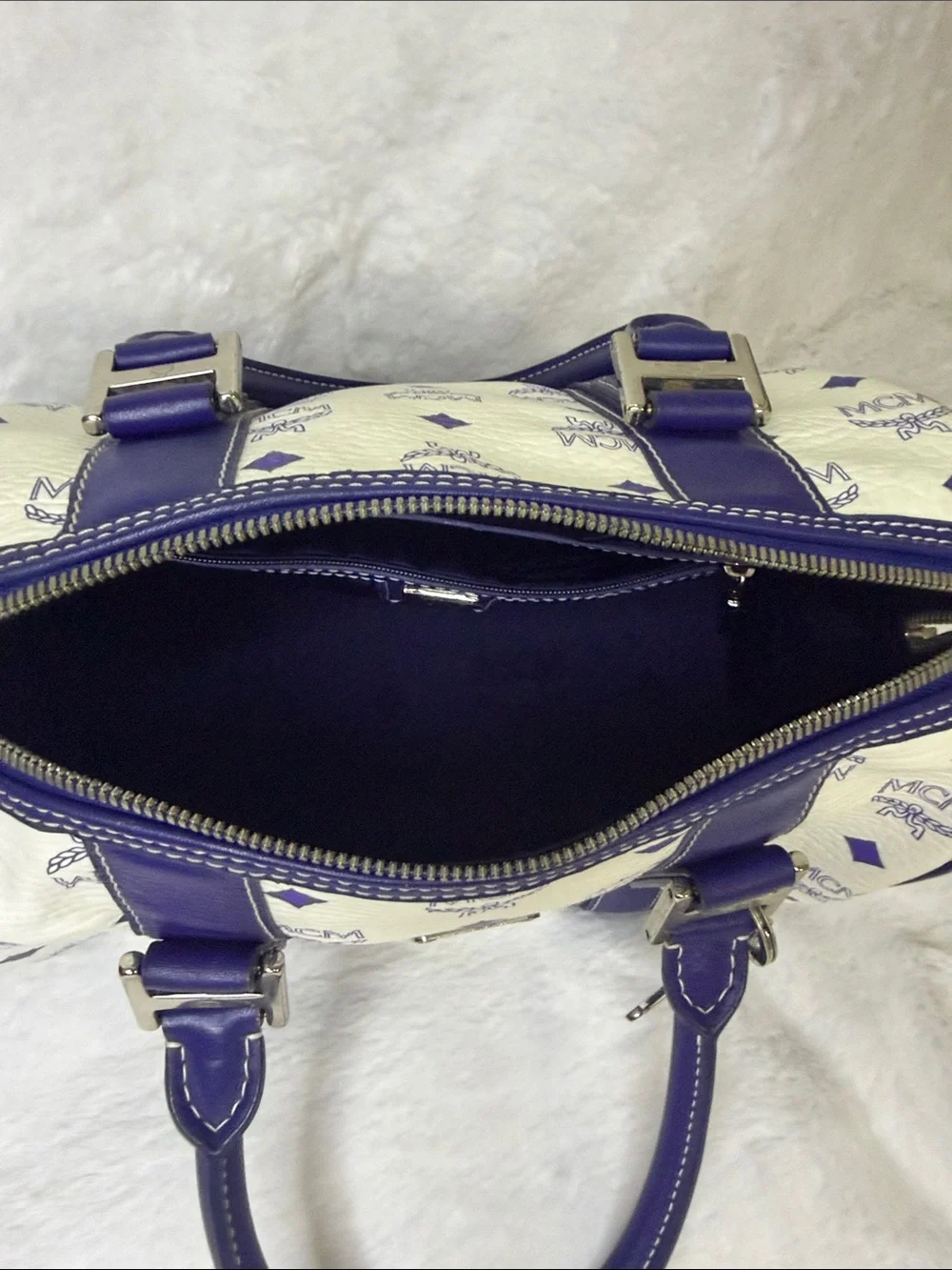 MCM White & Purple Visetos Boston Satchel with Silver Hardware